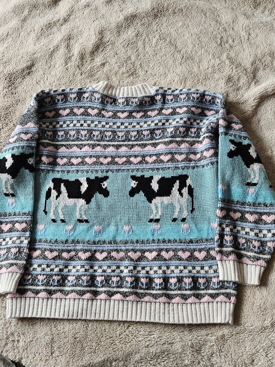 Sweaters - 80s vintage knit sweater - cow hearts and tulips in teal and pink